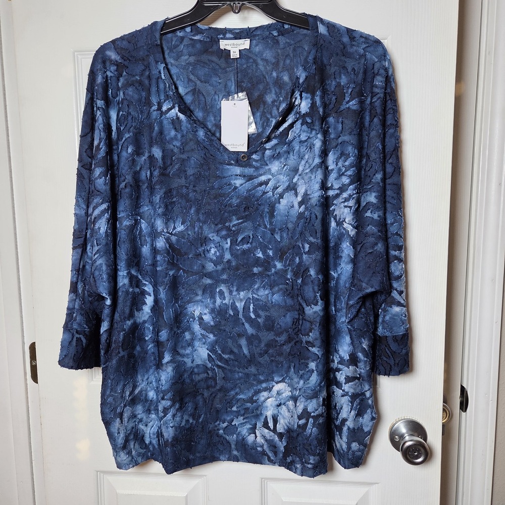 Westbound Woman sz 3X blue semi sheer 3/4 slv top NWT artsy casual whimsigoth